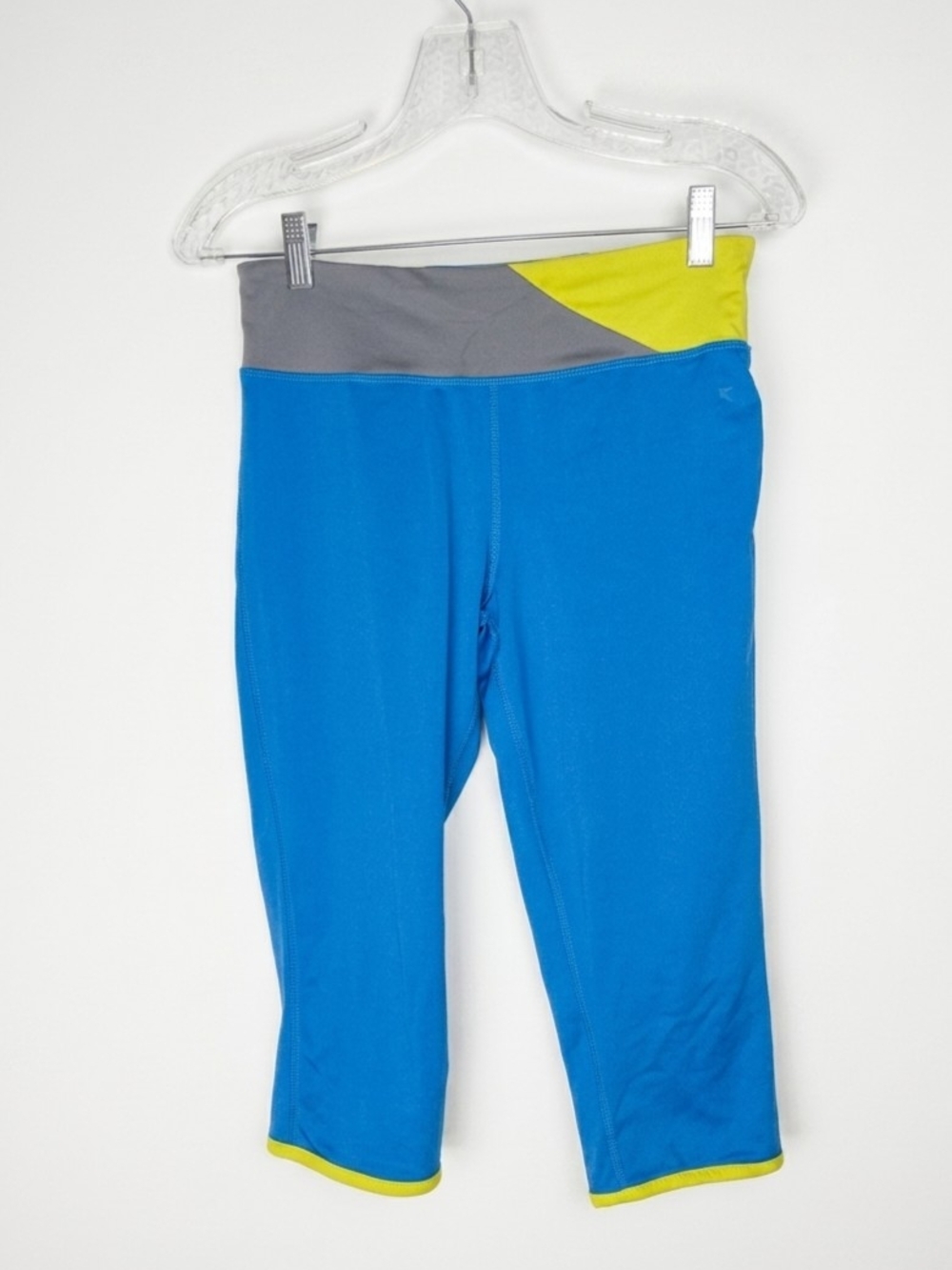 Women's Blue Active Capri Leggings with Gray and Lime Waistband